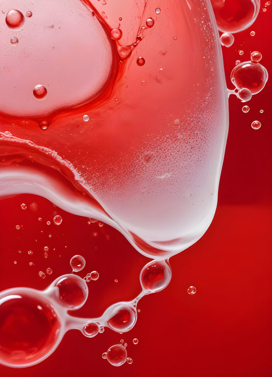 Abstract close-up of red liquid with bubbles and droplets, showcasing the interplay of colors and textures in a vibrant manner. Generative AI