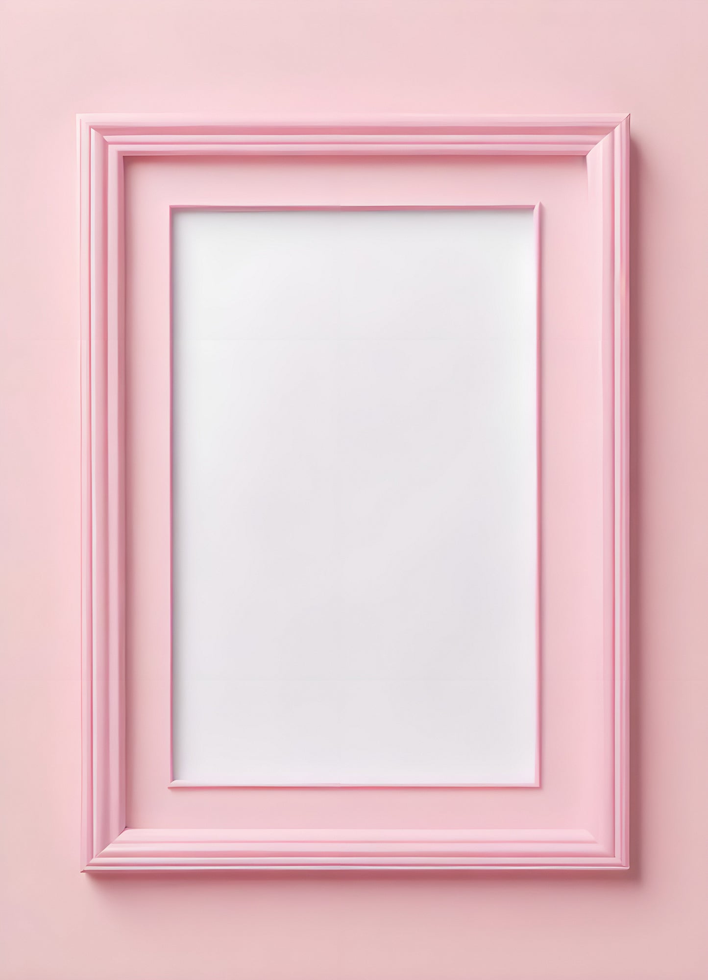 A blank pink picture frame hangs on a matching wall, ready for personal art or memories in a stylish interior setting