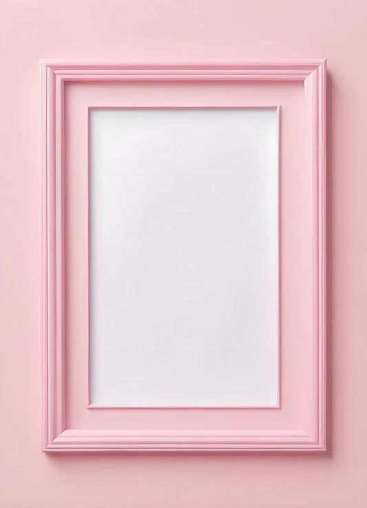 A blank pink picture frame hangs on a matching wall, ready for personal art or memories in a stylish interior setting