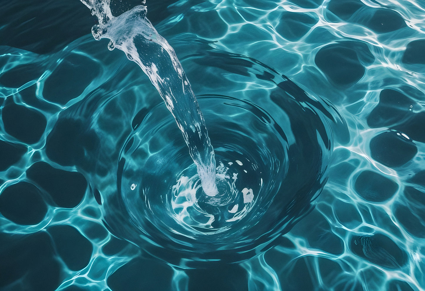 Water cascading into a tranquil pool, creating ripples beneath the sunlit surface on a clear day