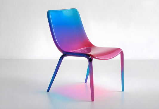 A modern chair with a gradient design in vibrant blue and pink colors placed on a clean white background in a minimalist setting