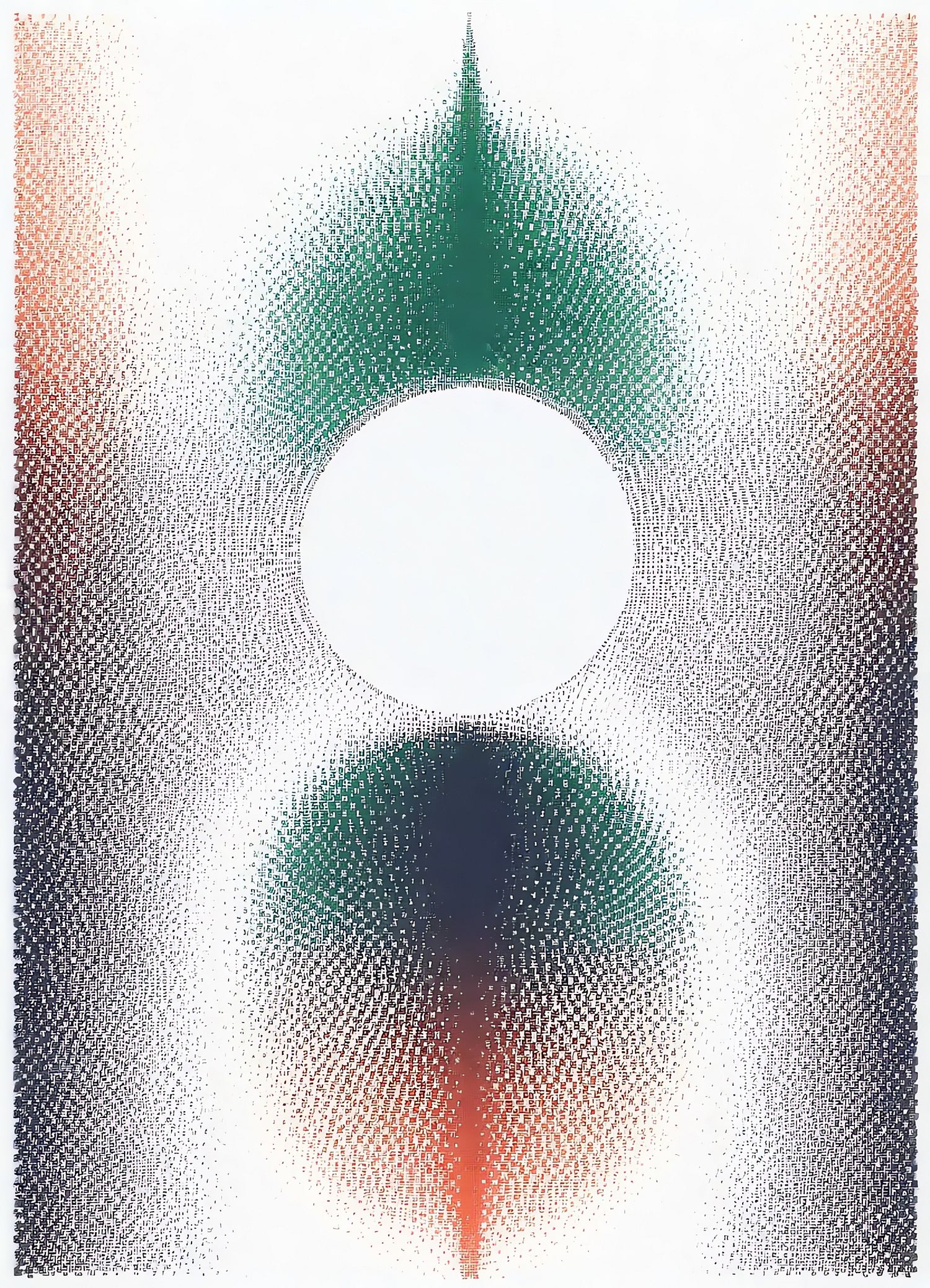 Abstract artwork featuring a central circle surrounded by soft gradients in green, orange, and black tones on a textured background