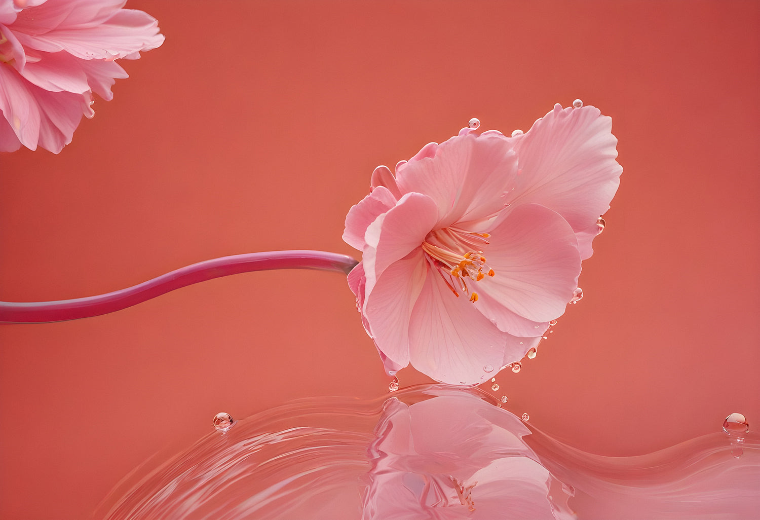 Delicate pink flower with water droplets reflected on tranquil surface against a soft coral background