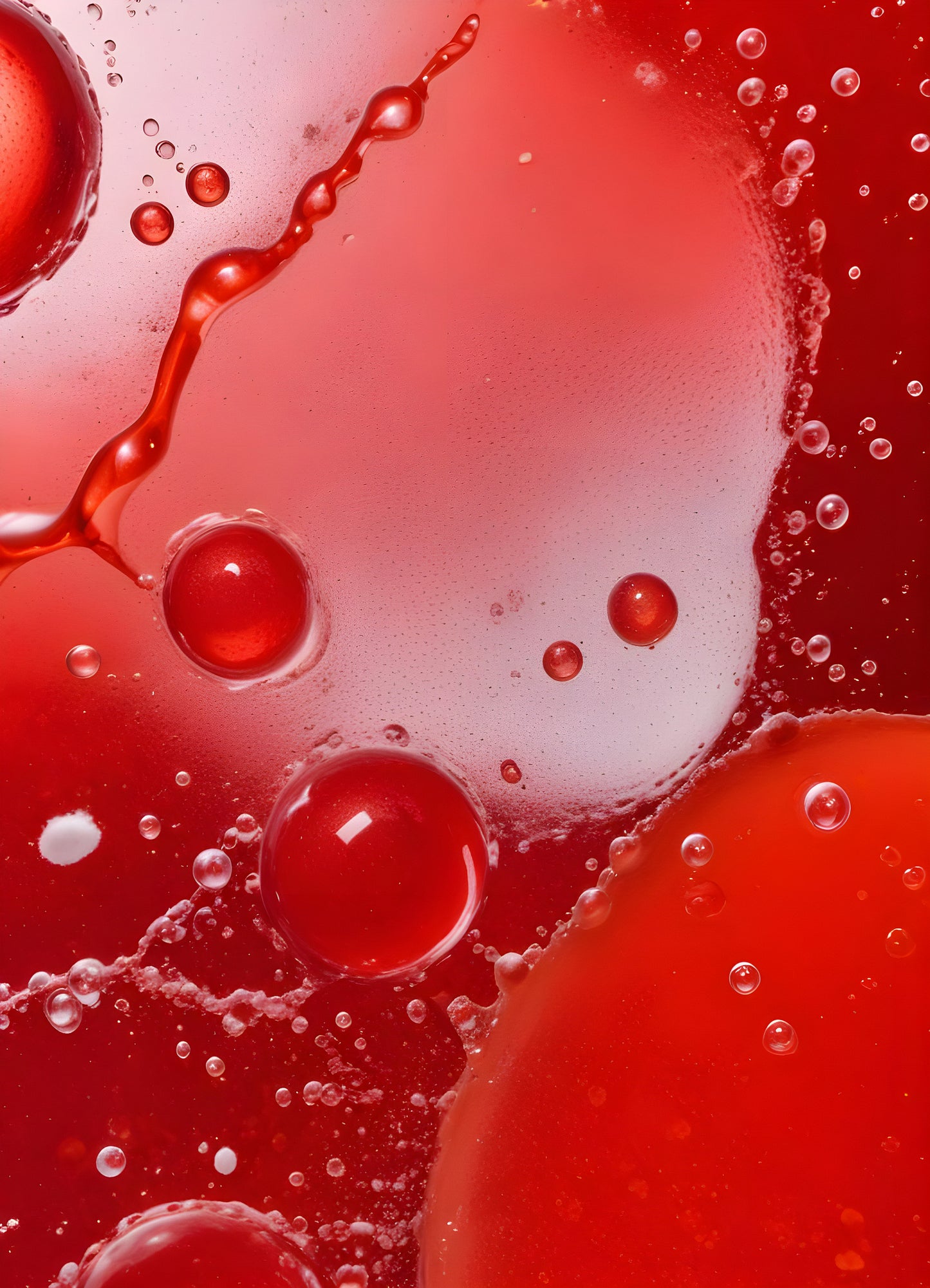 Abstract close-up of red liquid with bubbles and droplets, showcasing the interplay of colors and textures in a vibrant manner. Generative AI