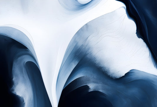 Abstract swirling patterns in blue and white tones create a striking visual effect