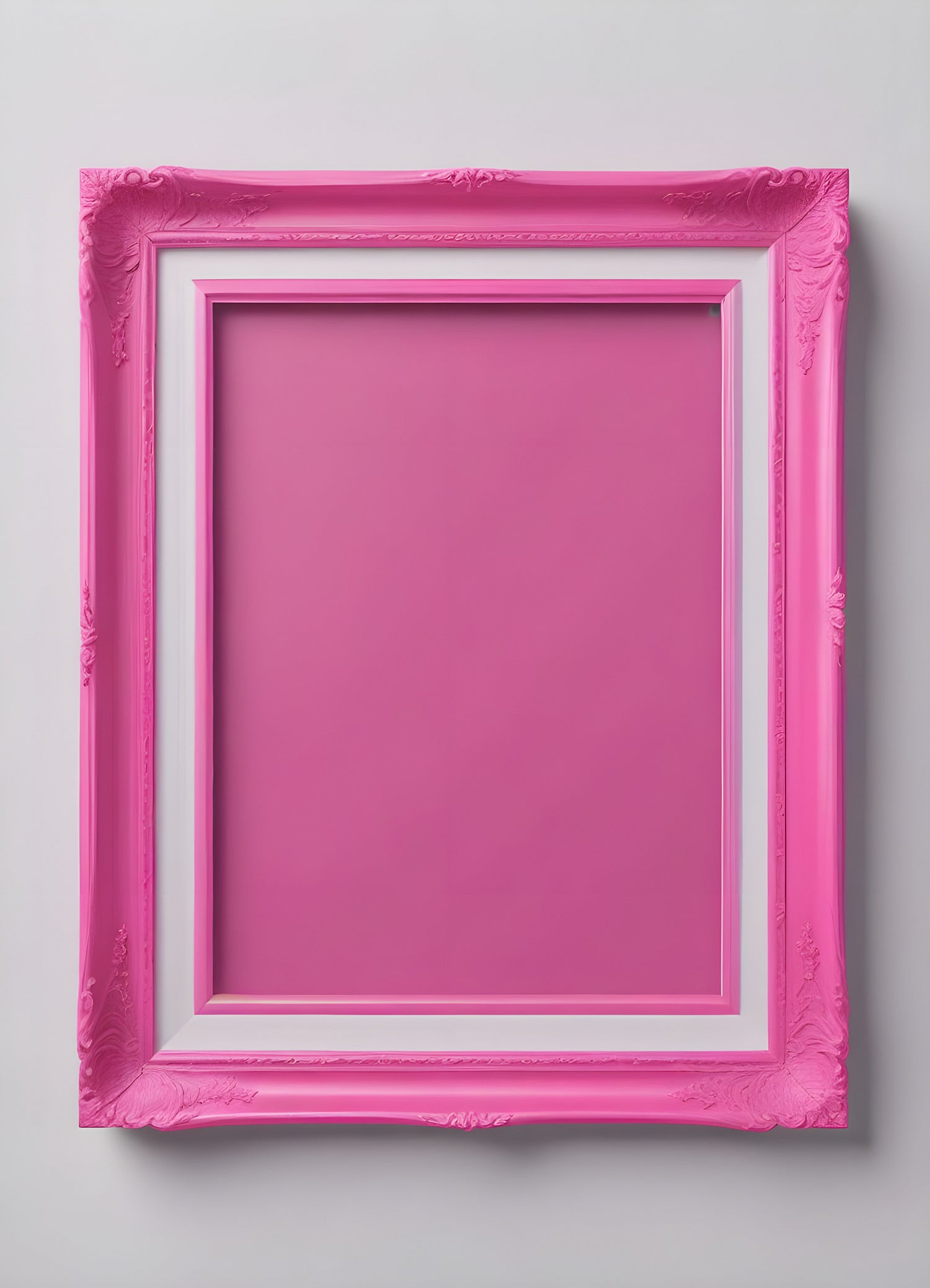 Bright pink empty frame stands against a white wall, inviting creativity and personal expression