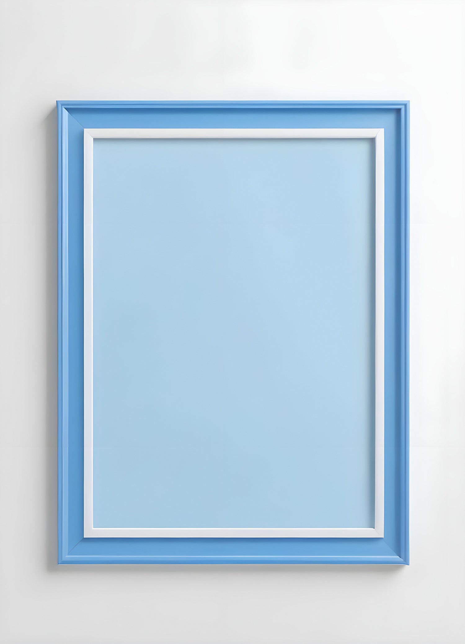 Empty framed blue canvas on a white wall in a minimalist design setting showcasing a modern artistic atmosphere