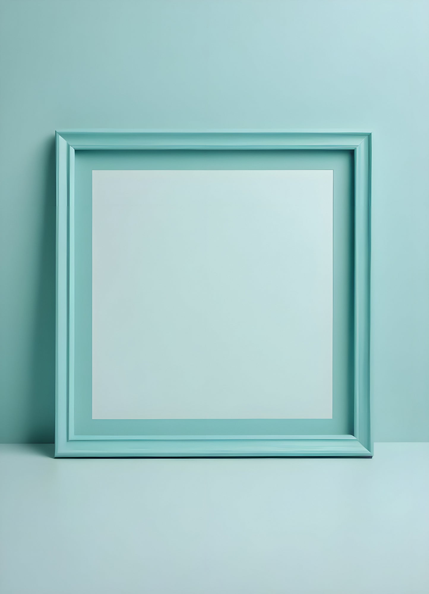 Empty turquoise picture frame on a light blue wall with a smooth surface, providing a fresh, minimalist touch to interior decor