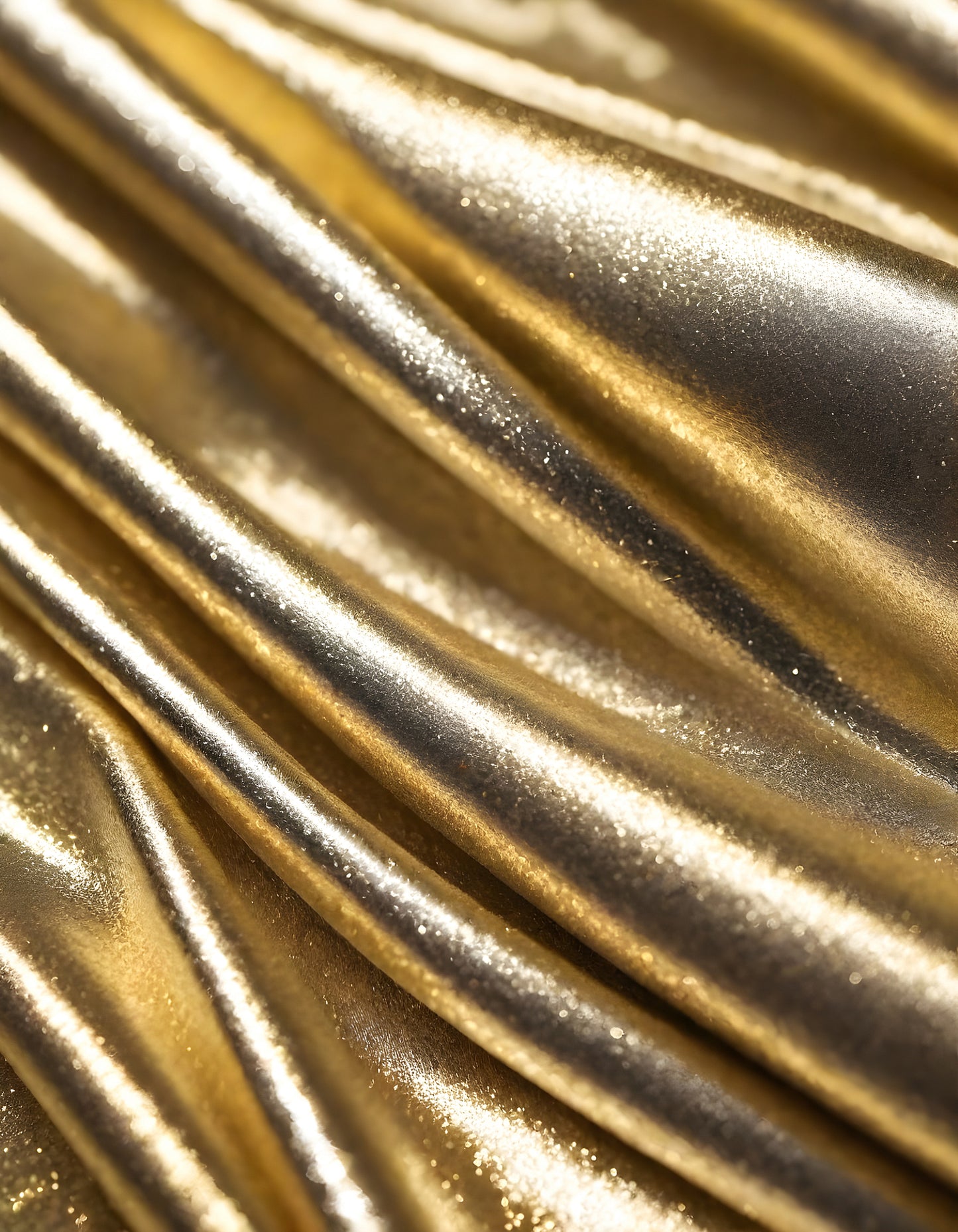 Metallic golden and silver fabric creates elegant textures with intricate folds and reflections under soft lighting