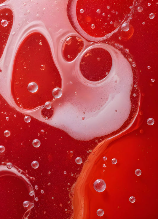 Abstract close-up of red liquid with bubbles and droplets, showcasing the interplay of colors and textures in a vibrant manner. Generative AI