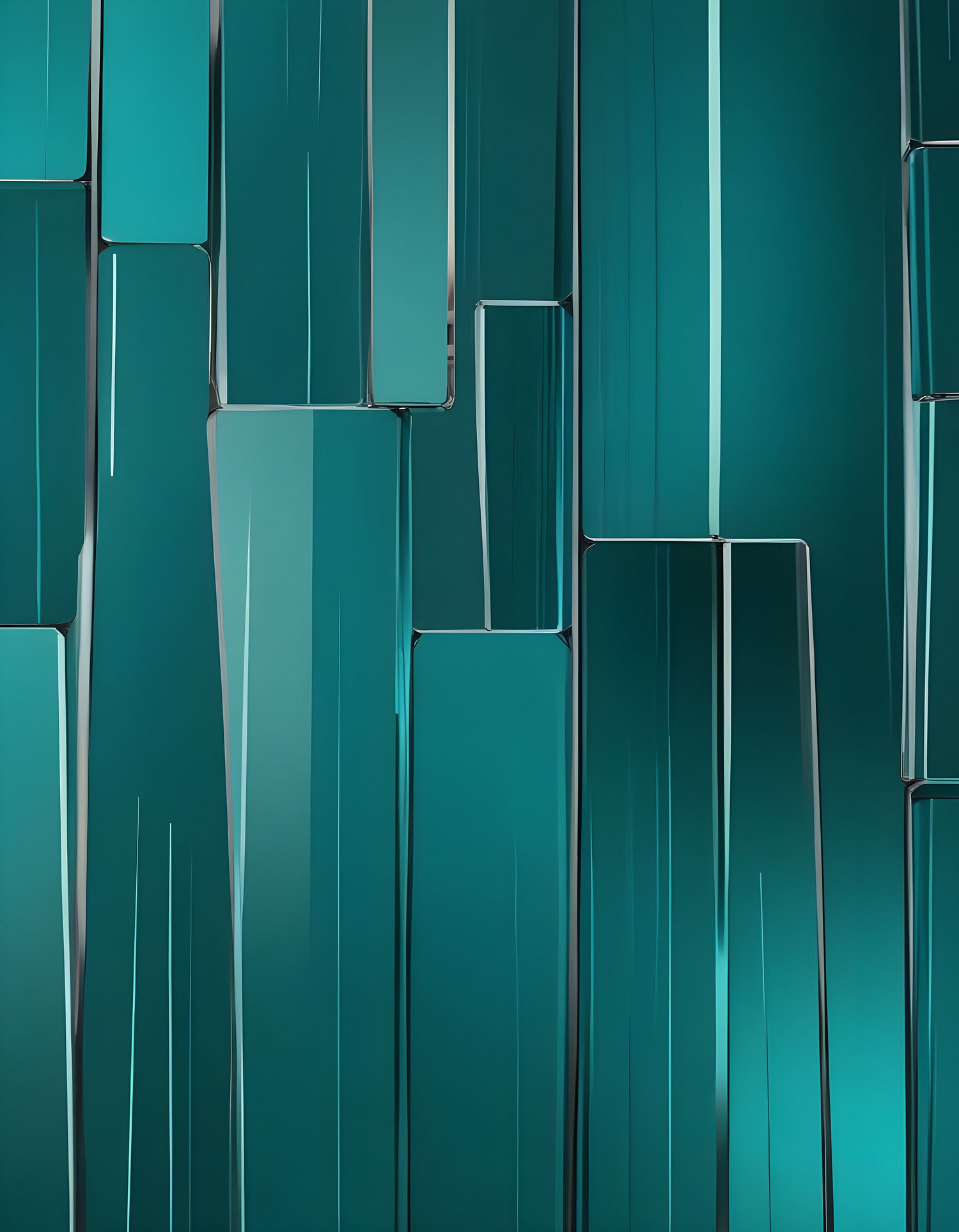 Abstract teal wall design featuring varying glass-like panels in a contemporary setting. Generative AI