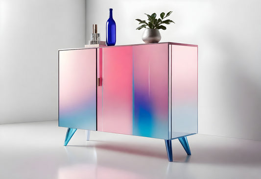 Modern stylish cabinet with a gradient finish and decorative elements in a contemporary interior setting