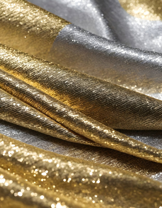 Metallic golden and silver fabric creates elegant textures with intricate folds and reflections under soft lighting