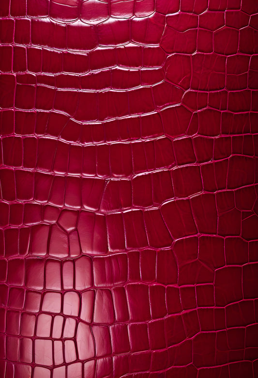 Close-up view of glossy red crocodile leather texture showcasing unique patterns and details