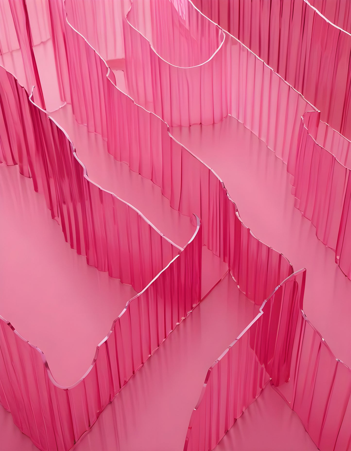 Abstract pink acrylic sculpture with wavy edges and a smooth surface designed for artistic display. Generative AI