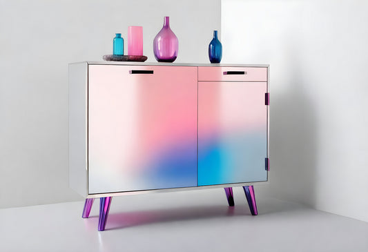 Modern cabinet display with gradient colors and glass decor in a minimalist interior setting