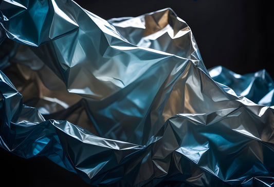 Crumpled metallic plastic sheet illuminated by soft light on a dark background