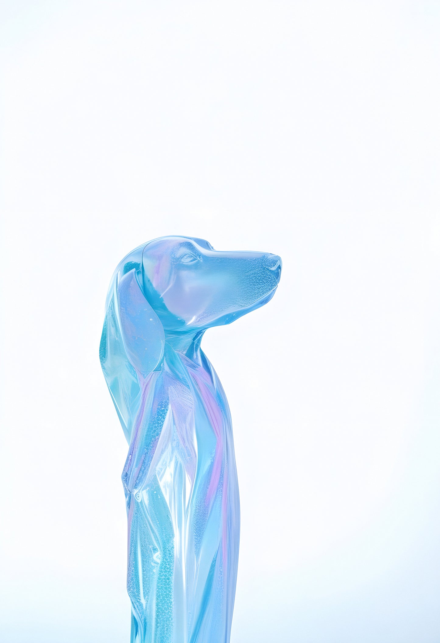 A sleek blue and pink translucent dog sculpture stands against a white background, showcasing artistic craftsmanship and modern design