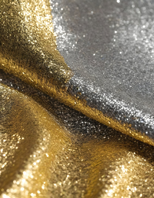 Metallic golden and silver fabric creates elegant textures with intricate folds and reflections under soft lighting