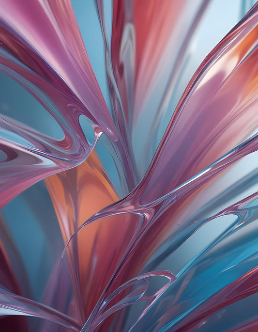 Vibrant abstract design with flowing shapes in shades of pink, blue, and orange showcasing organic movement and depth