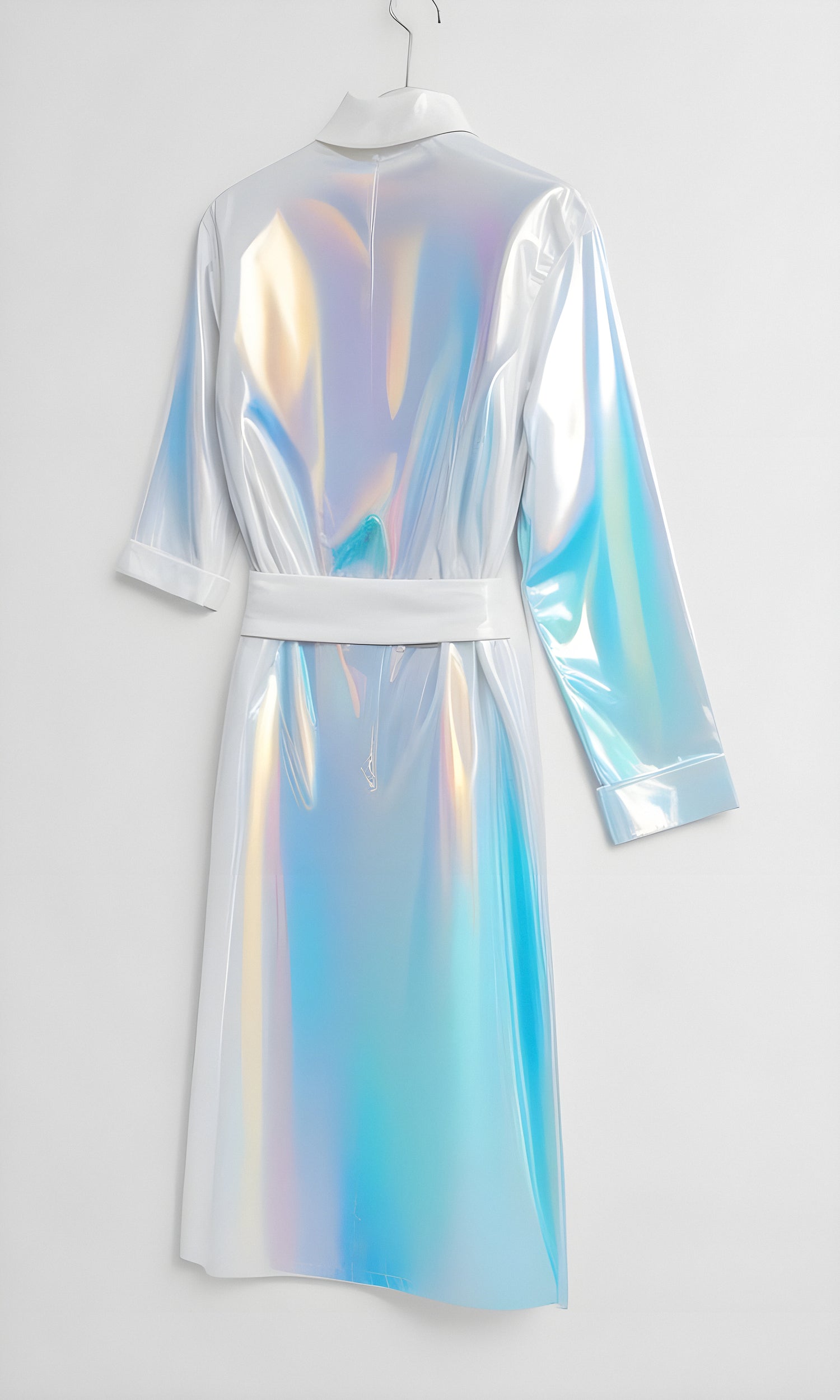 Shiny iridescent dress hanging against a white wall, showcasing vibrant colors and modern design during daylight