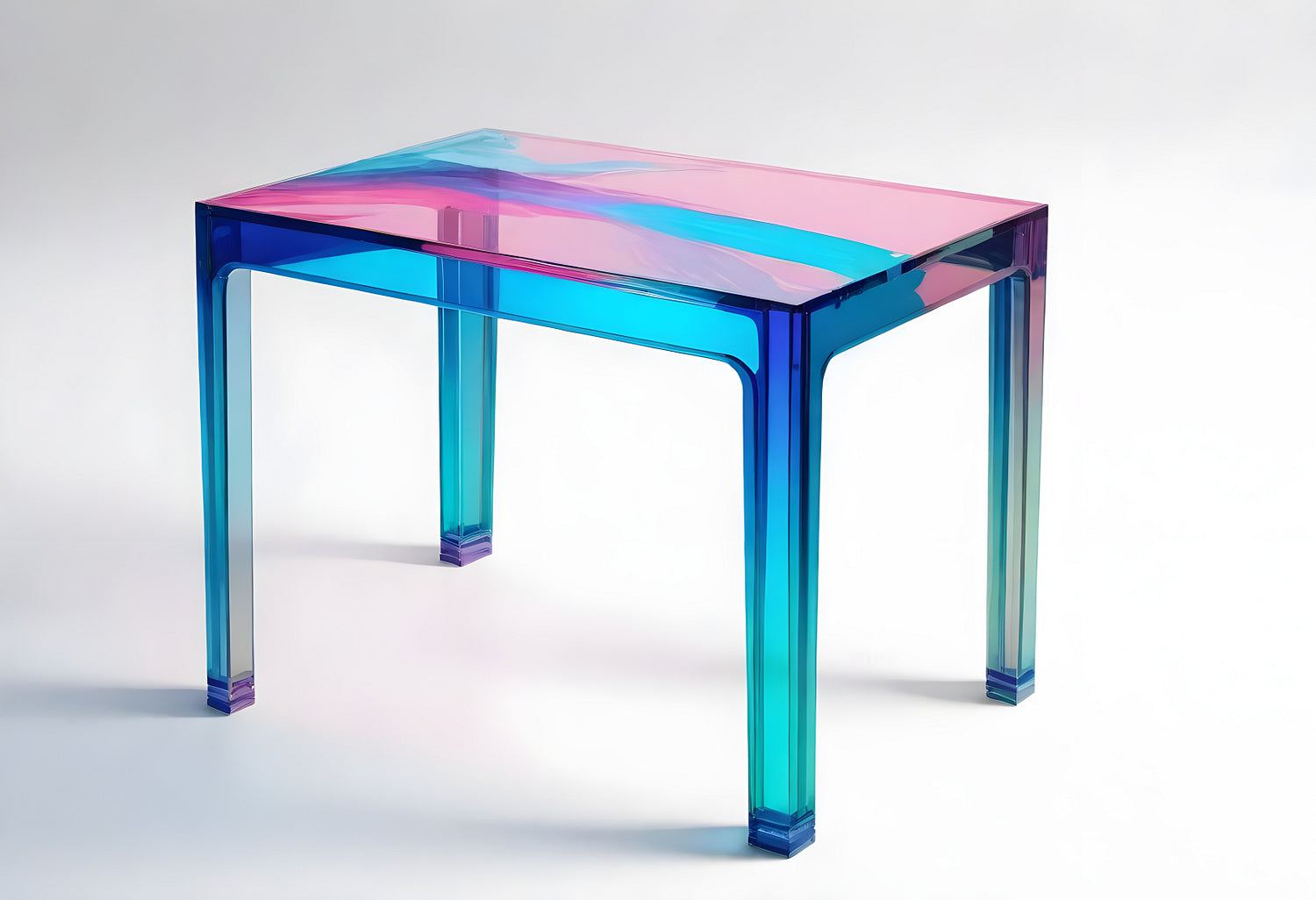 A vibrant blue and pink transparent acrylic table showing a unique modern design ideal for contemporary settings