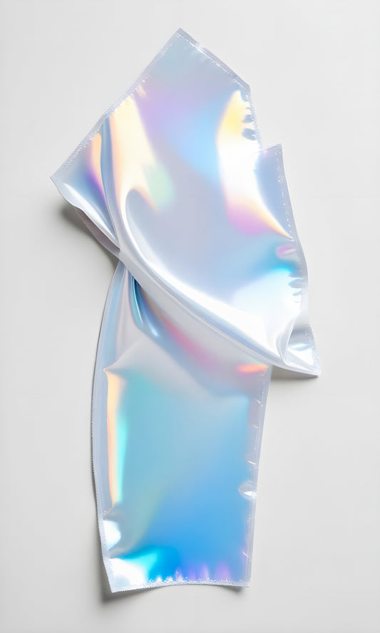 Iridescent sheet of material displayed against a simple white background showcasing colorful reflections and texture