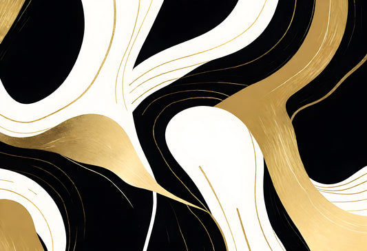 Abstract black and white with gold swirling lines creating a modern artistic design suitable for contemporary decor