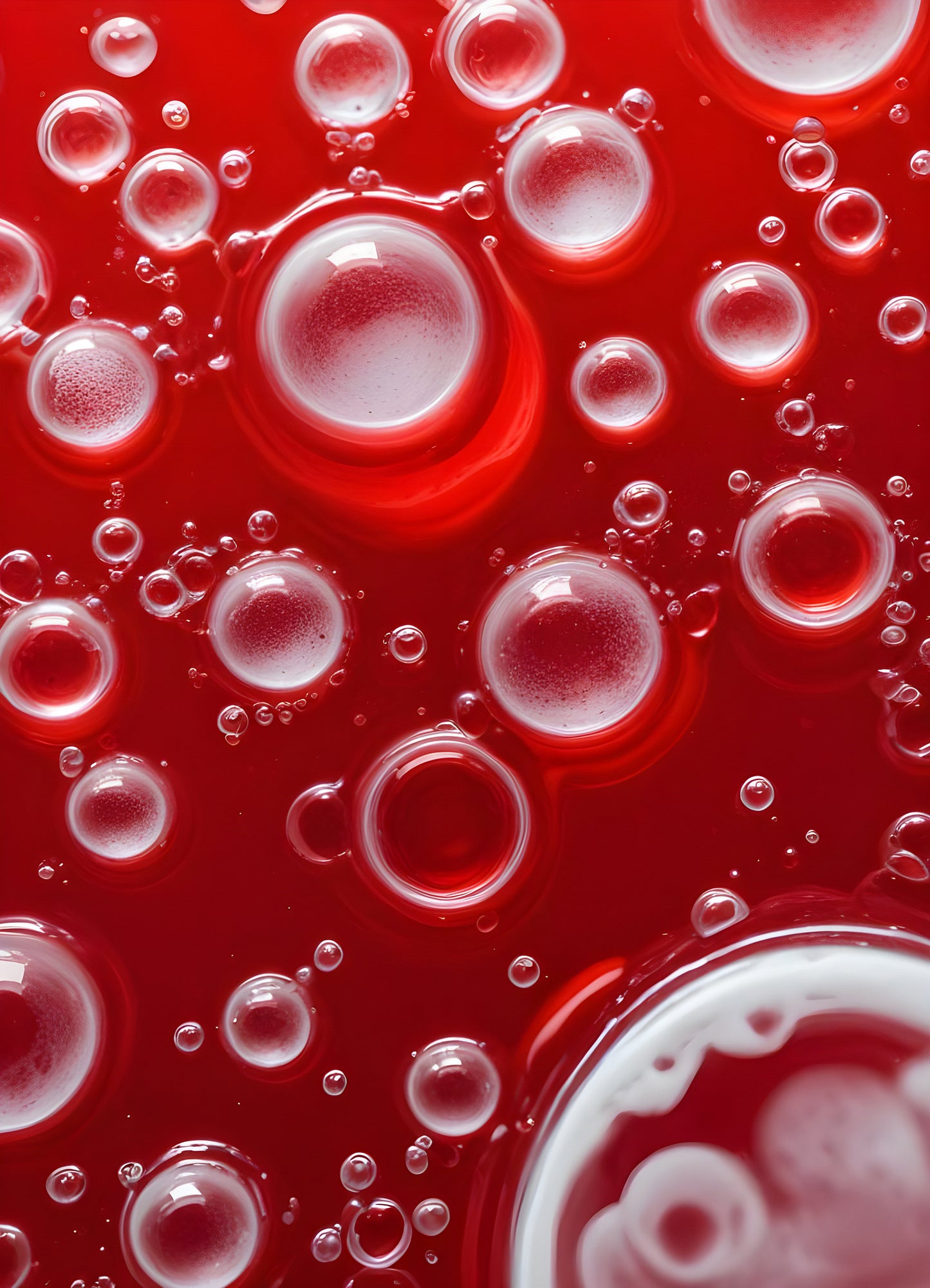 Abstract close-up of red liquid with bubbles and droplets, showcasing the interplay of colors and textures in a vibrant manner. Generative AI