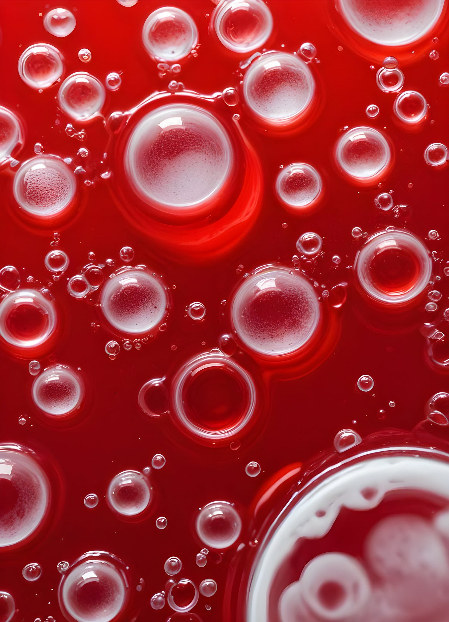 Abstract close-up of red liquid with bubbles and droplets, showcasing the interplay of colors and textures in a vibrant manner. Generative AI