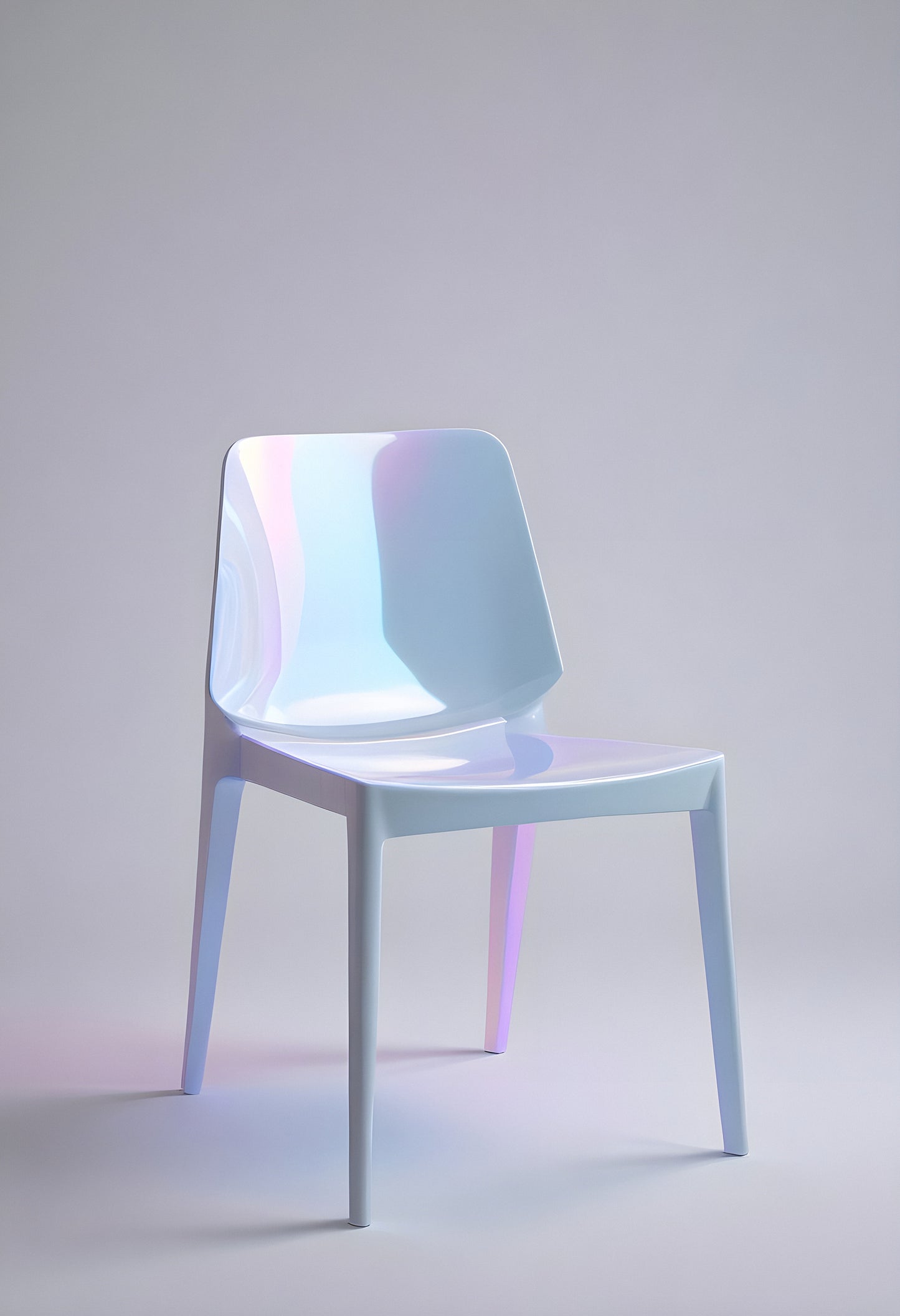 A modern white chair with a glossy finish positioned against a soft gray background, showcasing a minimalist design in a bright studio setting