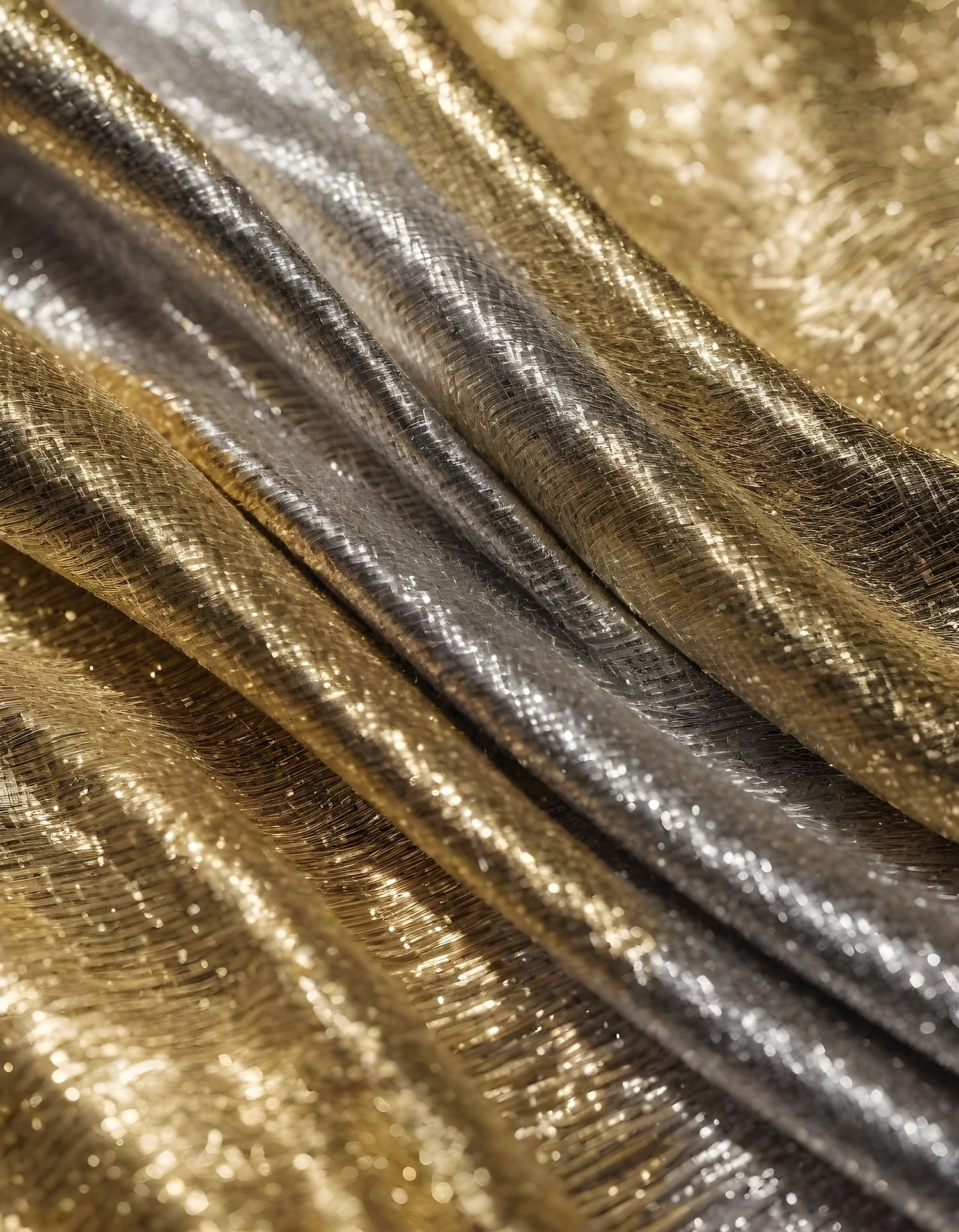 Metallic golden and silver fabric creates elegant textures with intricate folds and reflections under soft lighting