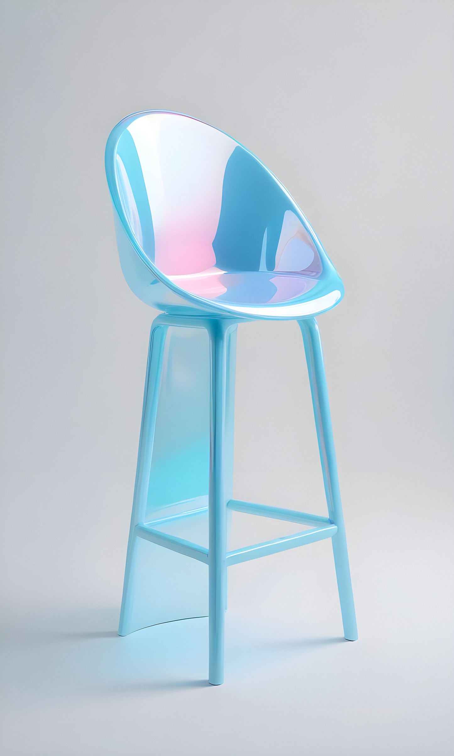 A modern translucent blue bar stool with an elegant design, showcasing smooth curves and a minimalist aesthetic against a light background