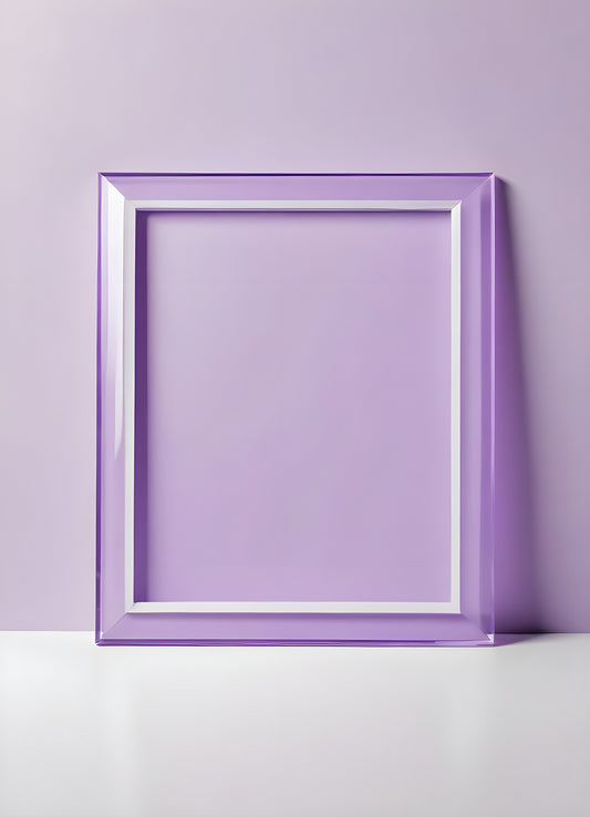 Purple acrylic picture frame displayed against a light background, highlighting its sleek design and color