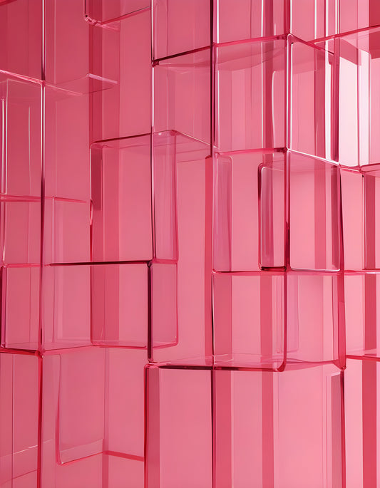 Abstract close-up of a bright pink glass structure with vertical lines against a soft pink background. Generative AI