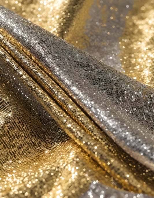 Metallic golden and silver fabric creates elegant textures with intricate folds and reflections under soft lighting