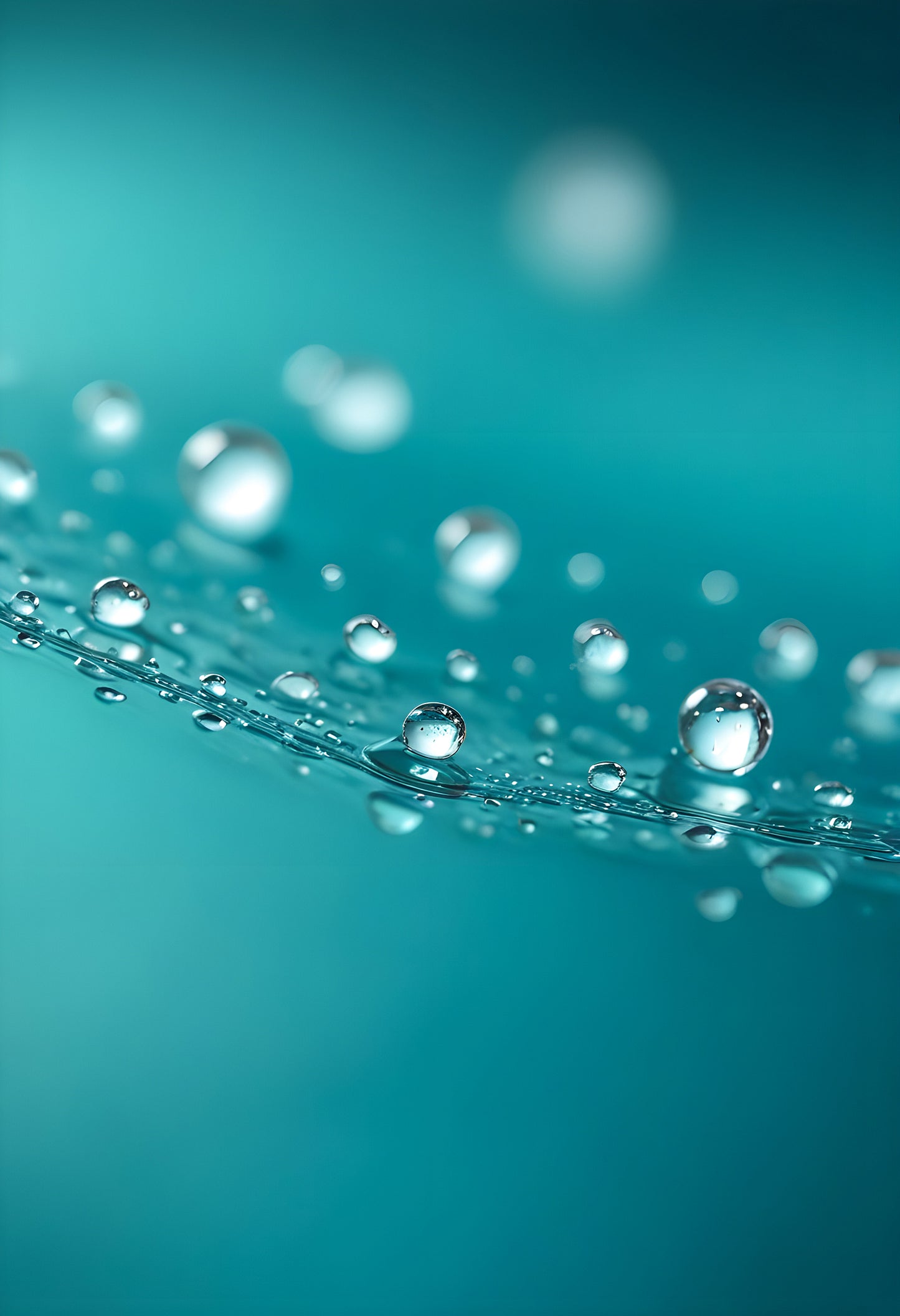 Water droplets on a thin surface with a blurred turquoise background amidst soft light reflections. Generative AI