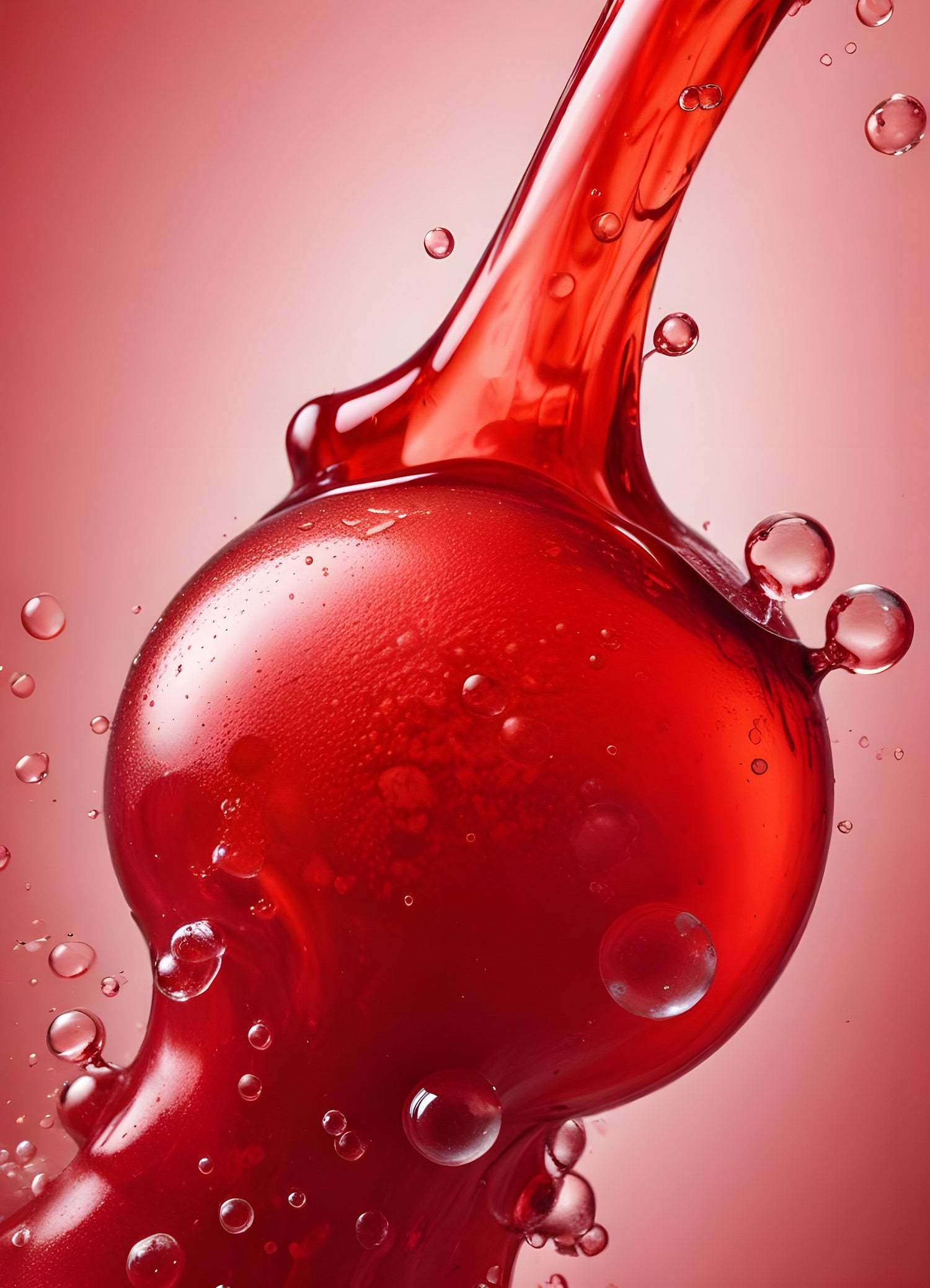 Abstract close-up of red liquid with bubbles and droplets, showcasing the interplay of colors and textures in a vibrant manner. Generative AI