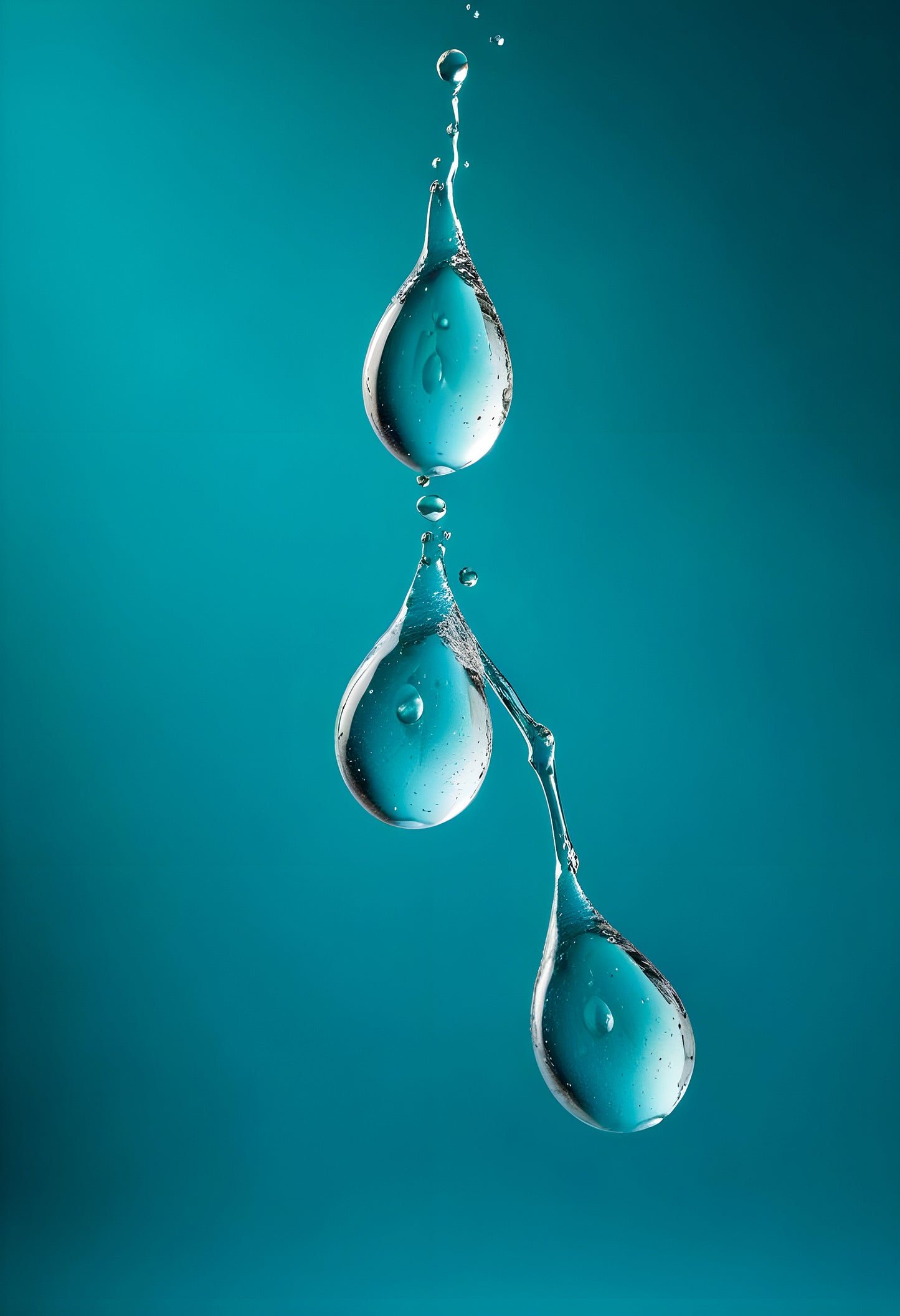 Water droplets on a thin surface with a blurred turquoise background amidst soft light reflections. Generative AI