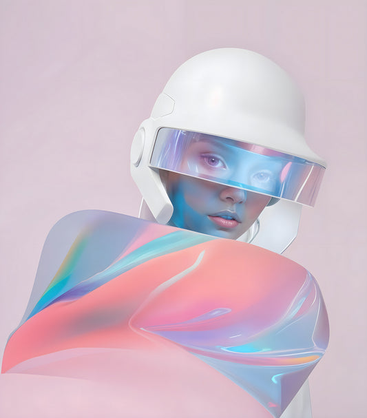 A futuristic figure in a white helmet showcases vibrant iridescent fabric against a soft pink background in a studio setting