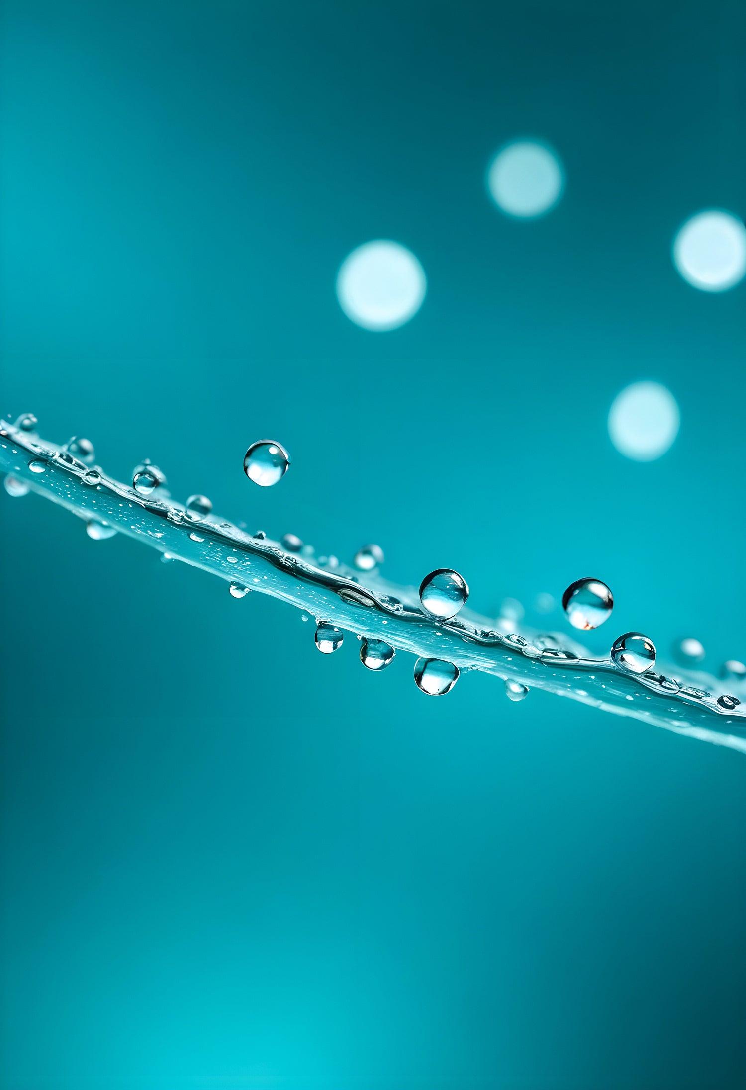 Water droplets on a thin surface with a blurred turquoise background amidst soft light reflections. Generative AI