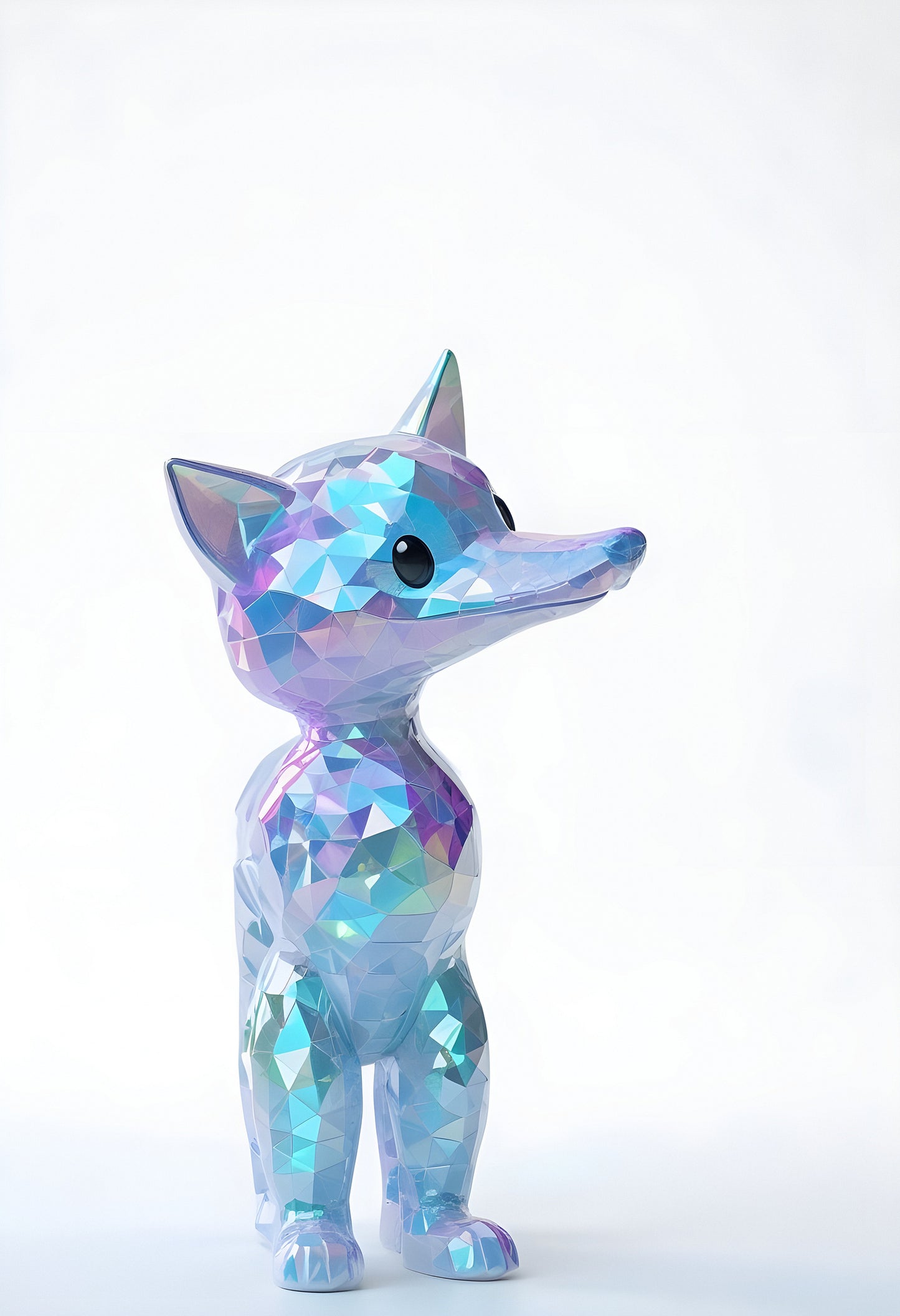 A colorful, geometric fox figurine stands against a plain background showcasing its reflective surfaces and unique design