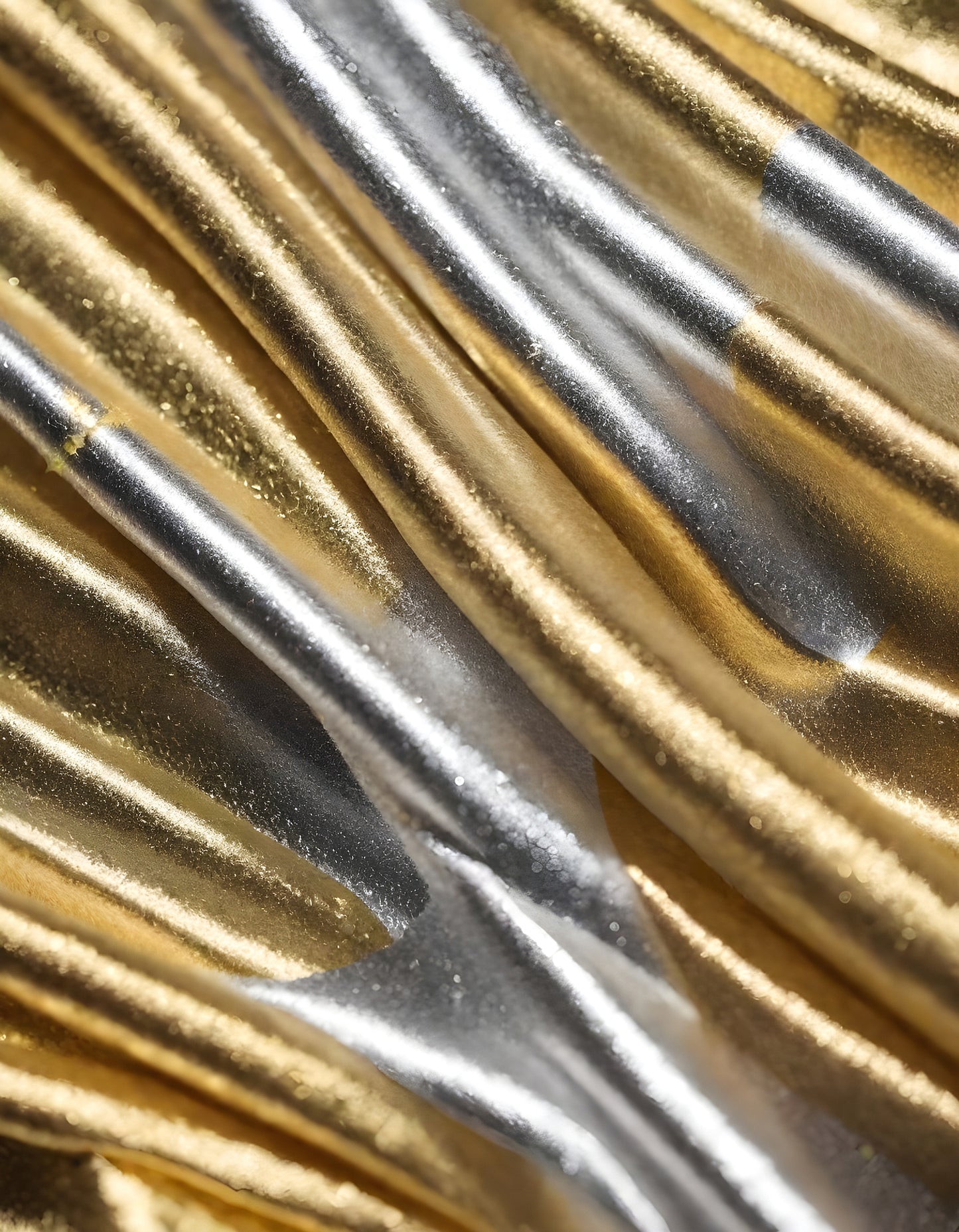 Shimmering gold and silver fabrics layered together in a luxurious arrangement during daylight