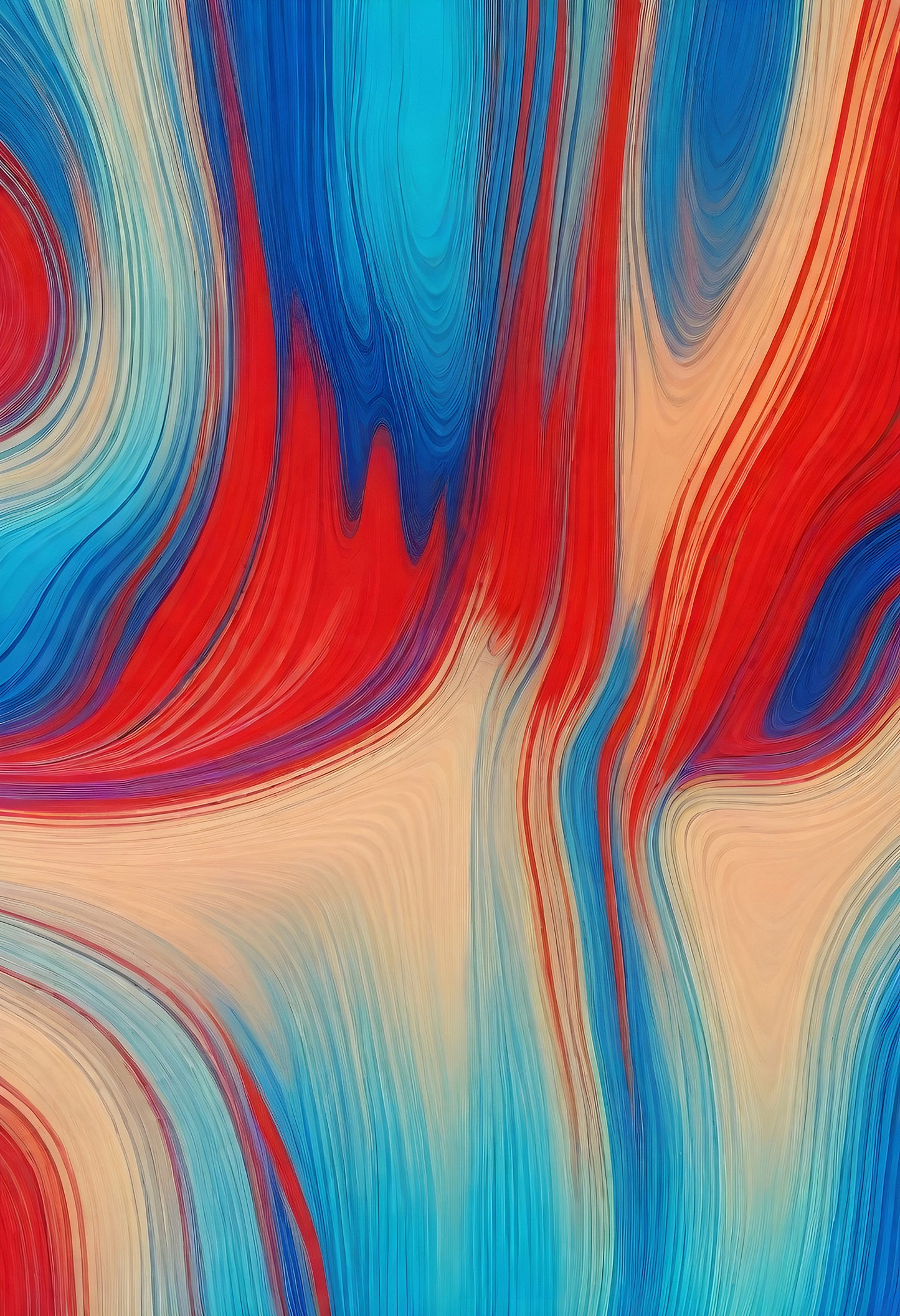 Vibrant abstract waves of red, blue, and cream colors flowing harmoniously across a smooth surface in a modern artistic display