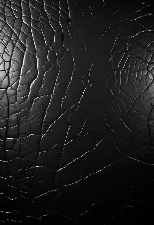 Textured black leather background with visible cracks and natural patterns