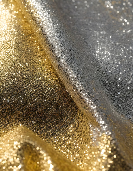 Metallic golden and silver fabric creates elegant textures with intricate folds and reflections under soft lighting