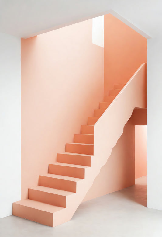 Modern interior design featuring a peach-colored staircase and minimalistic architecture in a bright, airy space