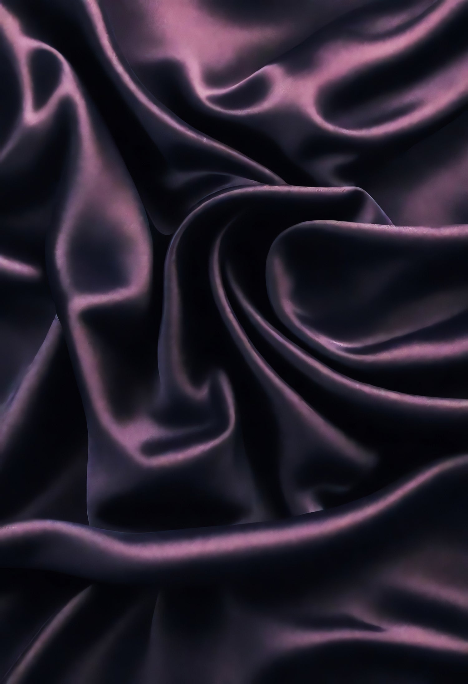 Elegant dark purple satin fabric draping softly with intricate folds and textures under ambient light