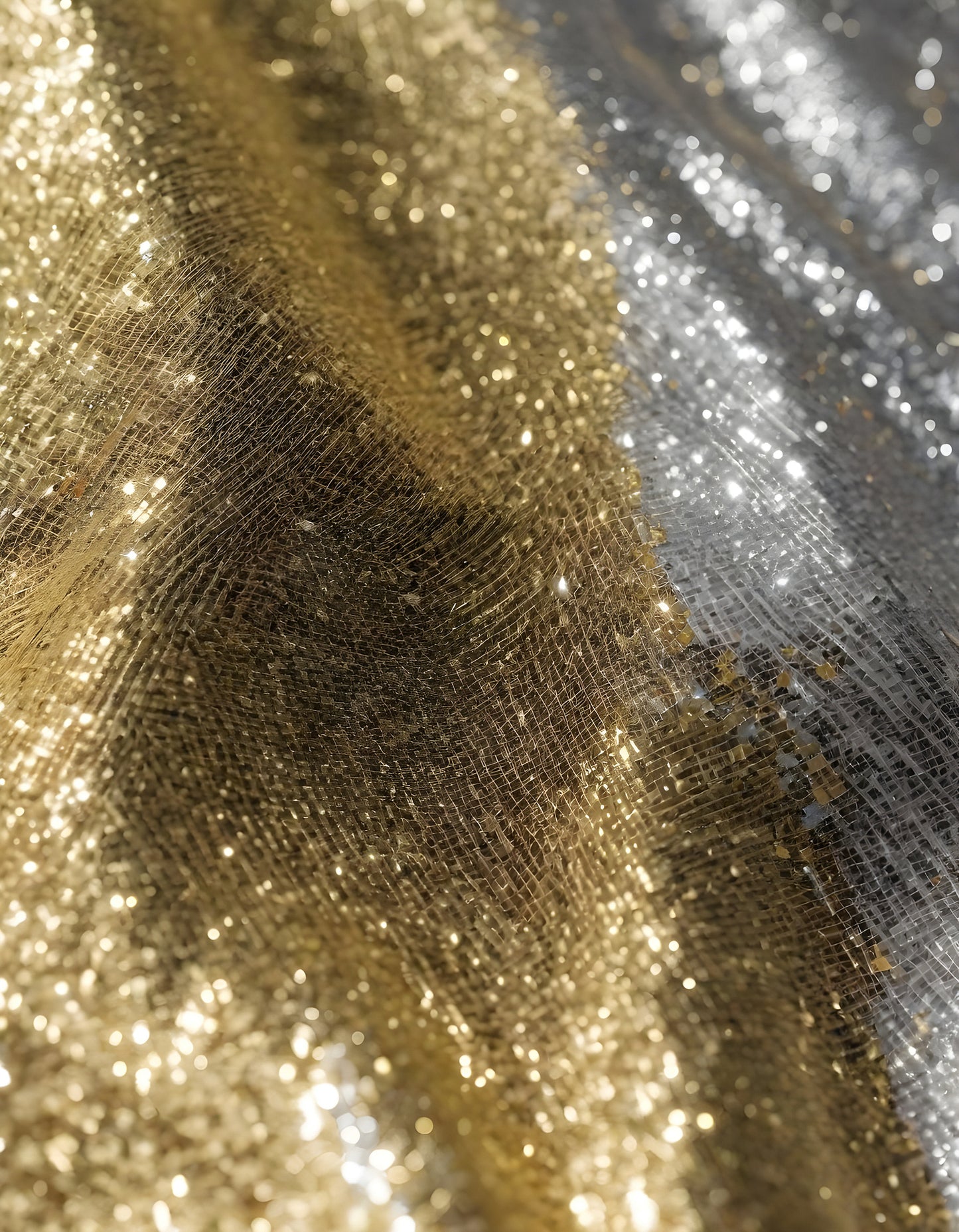 Metallic golden and silver fabric creates elegant textures with intricate folds and reflections under soft lighting