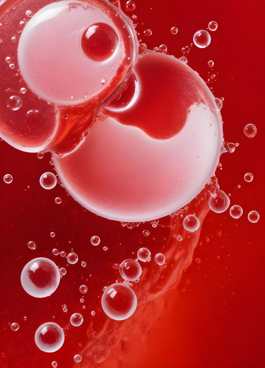 Abstract close-up of red liquid with bubbles and droplets, showcasing the interplay of colors and textures in a vibrant manner. Generative AI